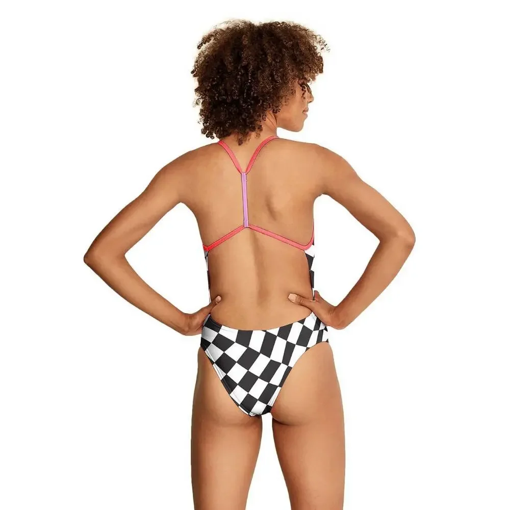 NWT Womens Speedo Vibe Printed T-Back Black White One Piece Swimsuit Size 24 XXS